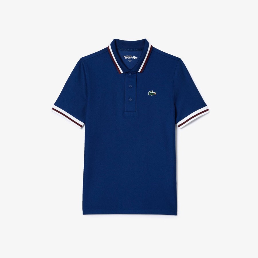 Women Lacoste Tennis | Pique Sport Polo Shirt With Contrast Striped Collar Navy Blue F9F