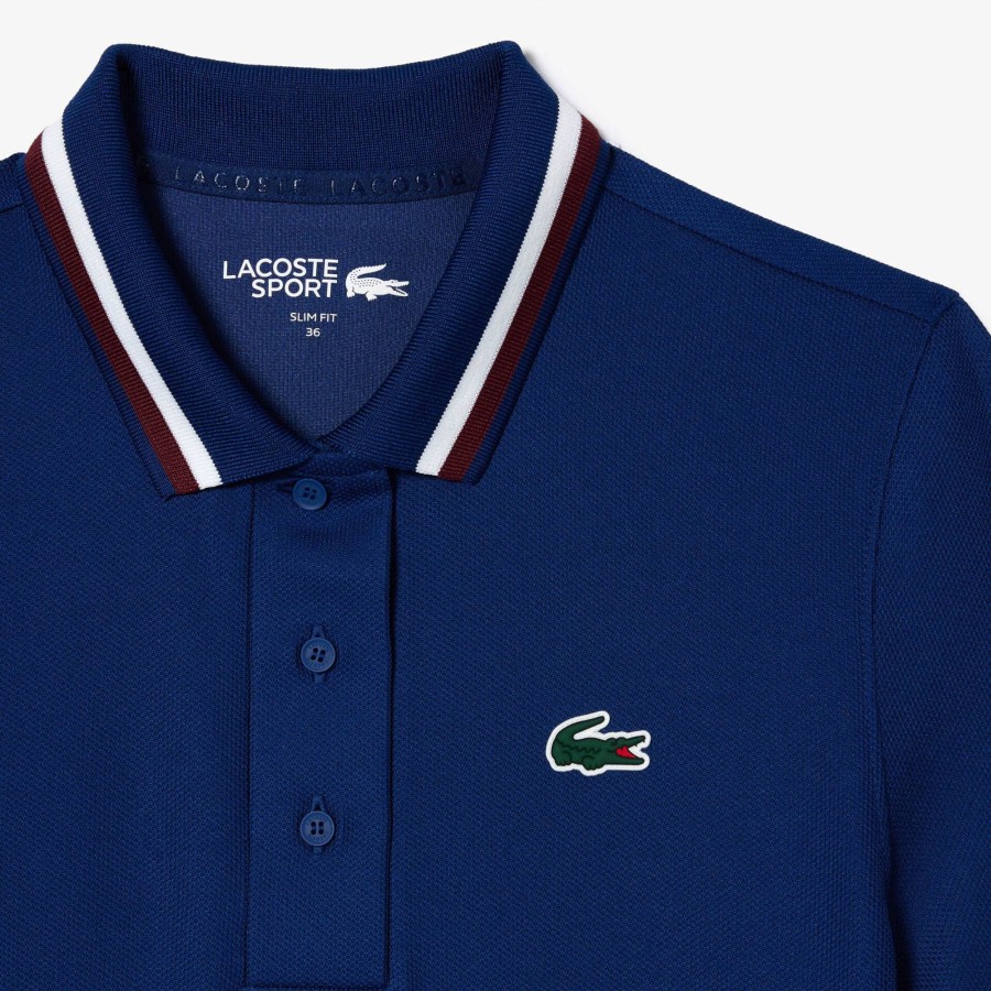 Women Lacoste Tennis | Pique Sport Polo Shirt With Contrast Striped Collar Navy Blue F9F