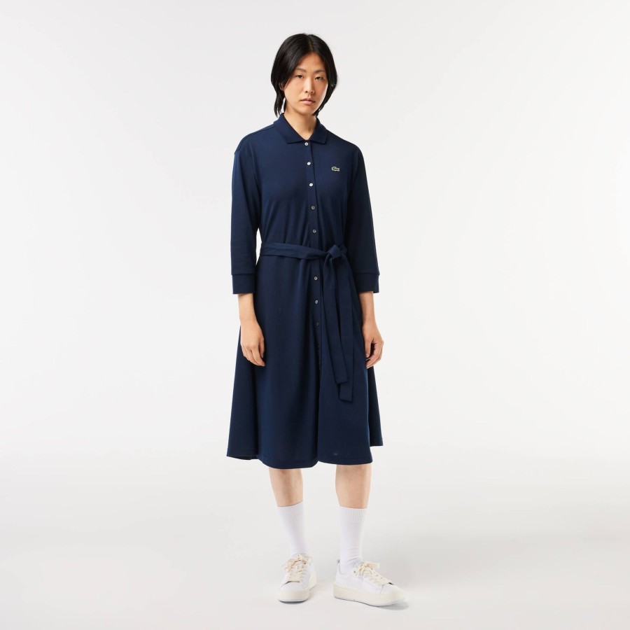 Women Lacoste Dresses & Skirts | 3/4 Sleeve Cotton Pique Polo Dress Navy Blue 166