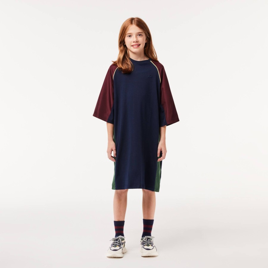 Kids Lacoste Girl Clothing | Contrast Panel Cotton T-Shirt Dress Bordeaux / Flashy Yellow / Navy Blue / Dark Green Kti