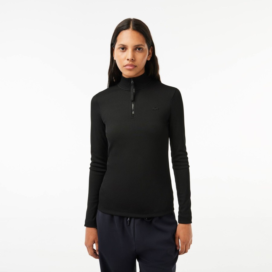 Women Lacoste Polo Shirts | Long Sleeved Zip Neck Rib Knit Polo Shirt Black 031