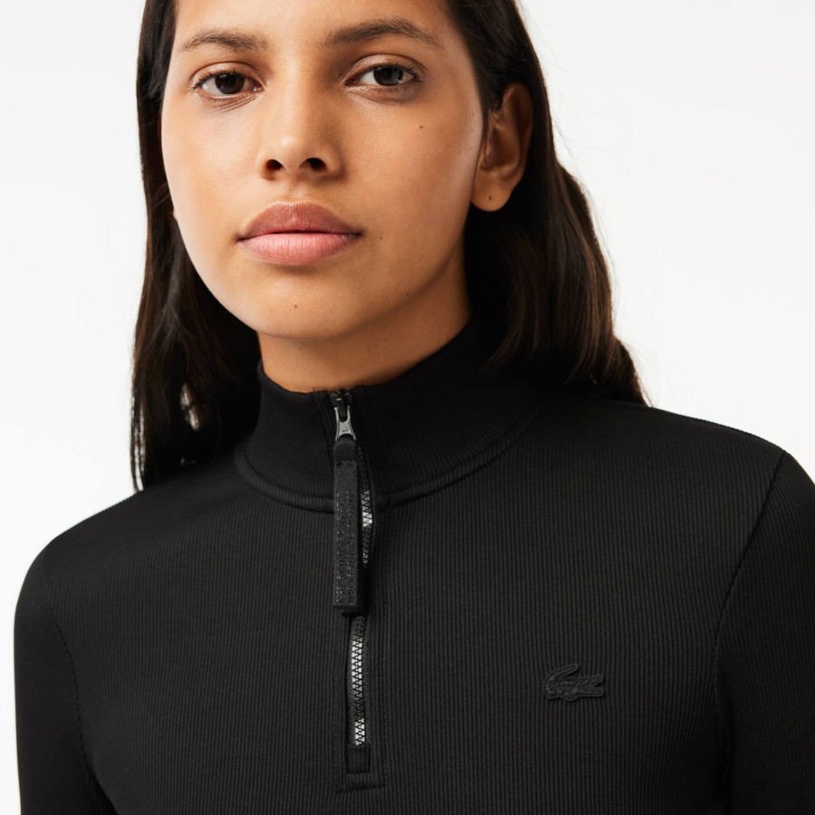 Women Lacoste Polo Shirts | Long Sleeved Zip Neck Rib Knit Polo Shirt Black 031