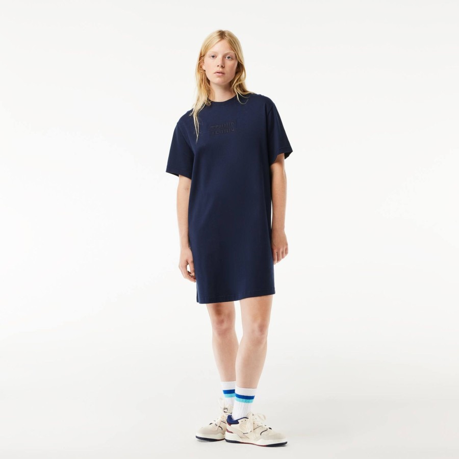 Women Lacoste Dresses & Skirts | Oversized Embroidered Cotton T-Shirt Dress Navy Blue 166