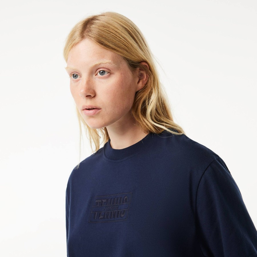 Women Lacoste Dresses & Skirts | Oversized Embroidered Cotton T-Shirt Dress Navy Blue 166