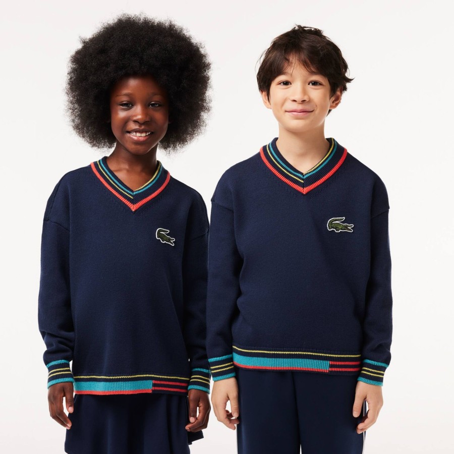 Kids Lacoste Girl Clothing | Cotton And Wool Blend V Neck Sweater Navy Blue / White Qrn