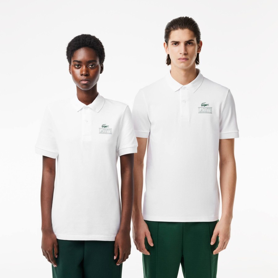 Women Lacoste Polo Shirts | Lacoste Signature Print Stretch Pique Polo Shirt White 001