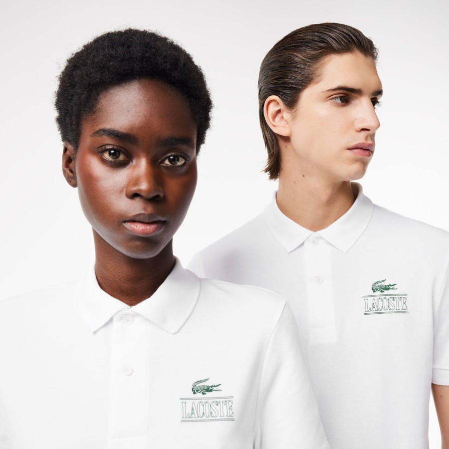 Women Lacoste Polo Shirts | Lacoste Signature Print Stretch Pique Polo Shirt White 001