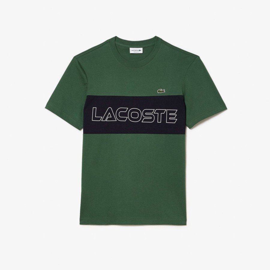 Men Lacoste T-Shirts | Lacoste Regular Fit Printed Colourblock T-Shirt Dark Green / Navy Blue