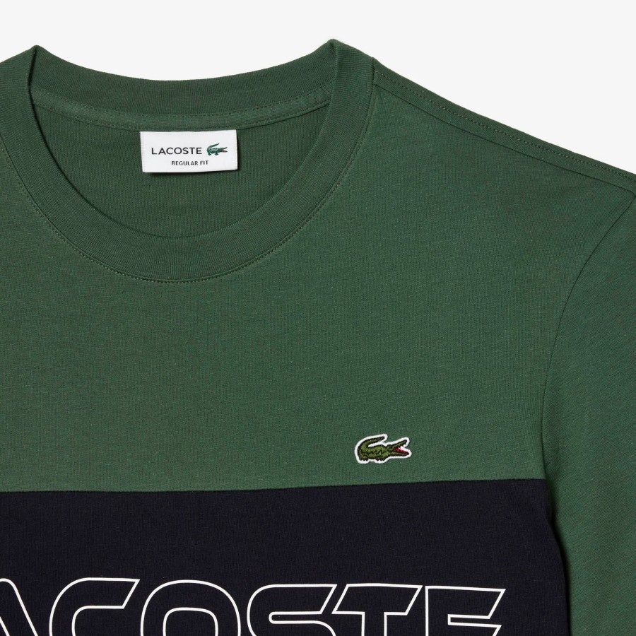 Men Lacoste T-Shirts | Lacoste Regular Fit Printed Colourblock T-Shirt Dark Green / Navy Blue