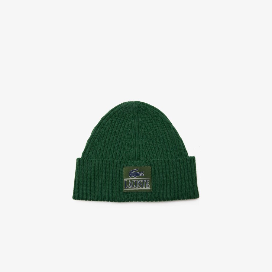 Women Lacoste Beanies | Ribbed Wool Woven Patch Beanie Pine Green 132