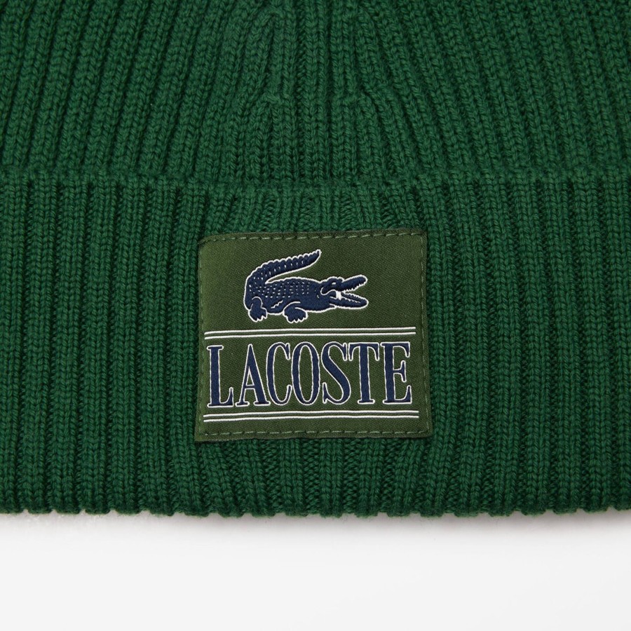 Women Lacoste Beanies | Ribbed Wool Woven Patch Beanie Pine Green 132