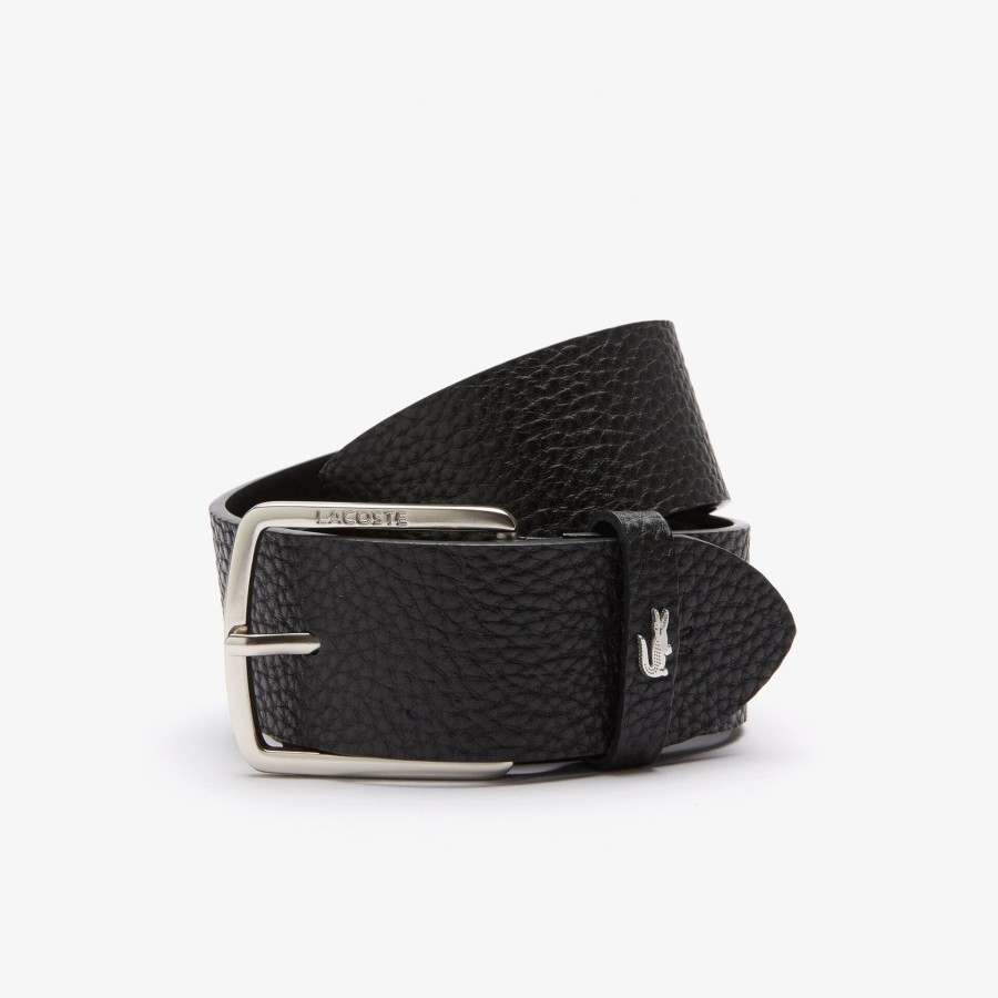 Men Lacoste Belts | Men'S Lacoste Engraved Square Buckle Grained Leather Belt Noir