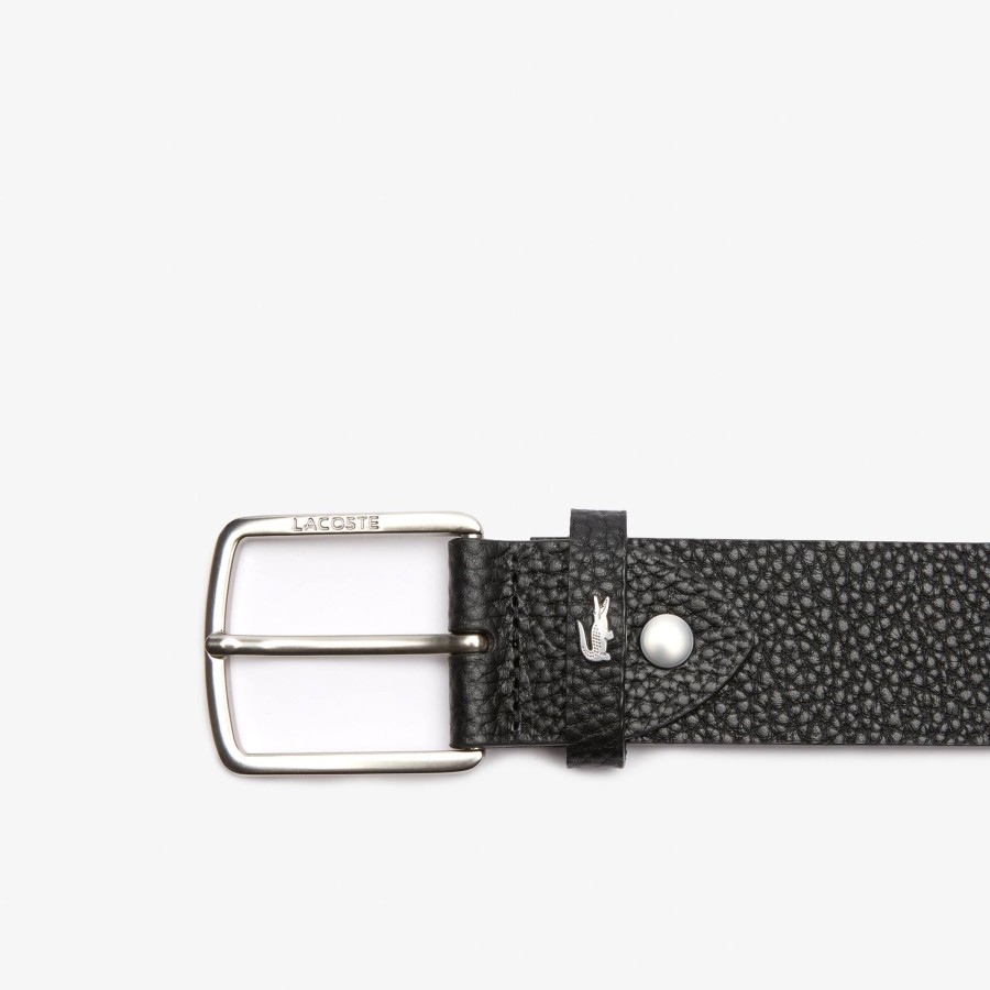 Men Lacoste Belts | Men'S Lacoste Engraved Square Buckle Grained Leather Belt Noir