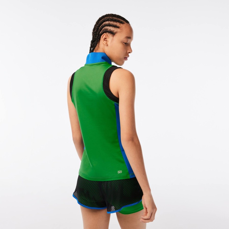 Women Lacoste Tennis | Women'S Lacoste Tennis Sleeveless Zip Neck Ultra-Dry Polo Shirt Green / Blue / Black 8Hj