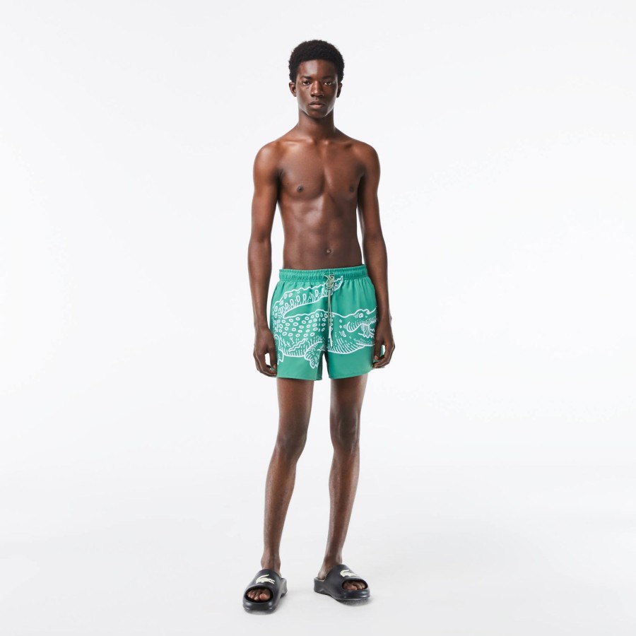 Men Lacoste Swimwear | Men'S Lacoste Crocodile Print Swim Trunks Khaki Green / Green