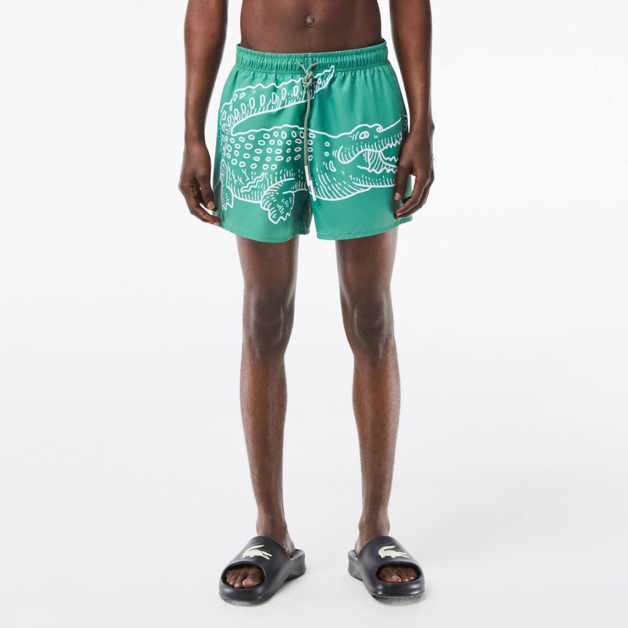 Men Lacoste Swimwear | Men'S Lacoste Crocodile Print Swim Trunks Khaki Green / Green