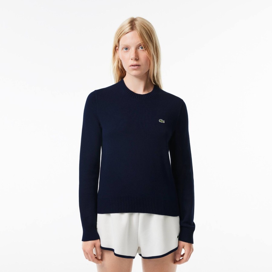 Women Lacoste Knitwear | Crew Neck Sweater In Double Sided Cotton Navy Blue 166