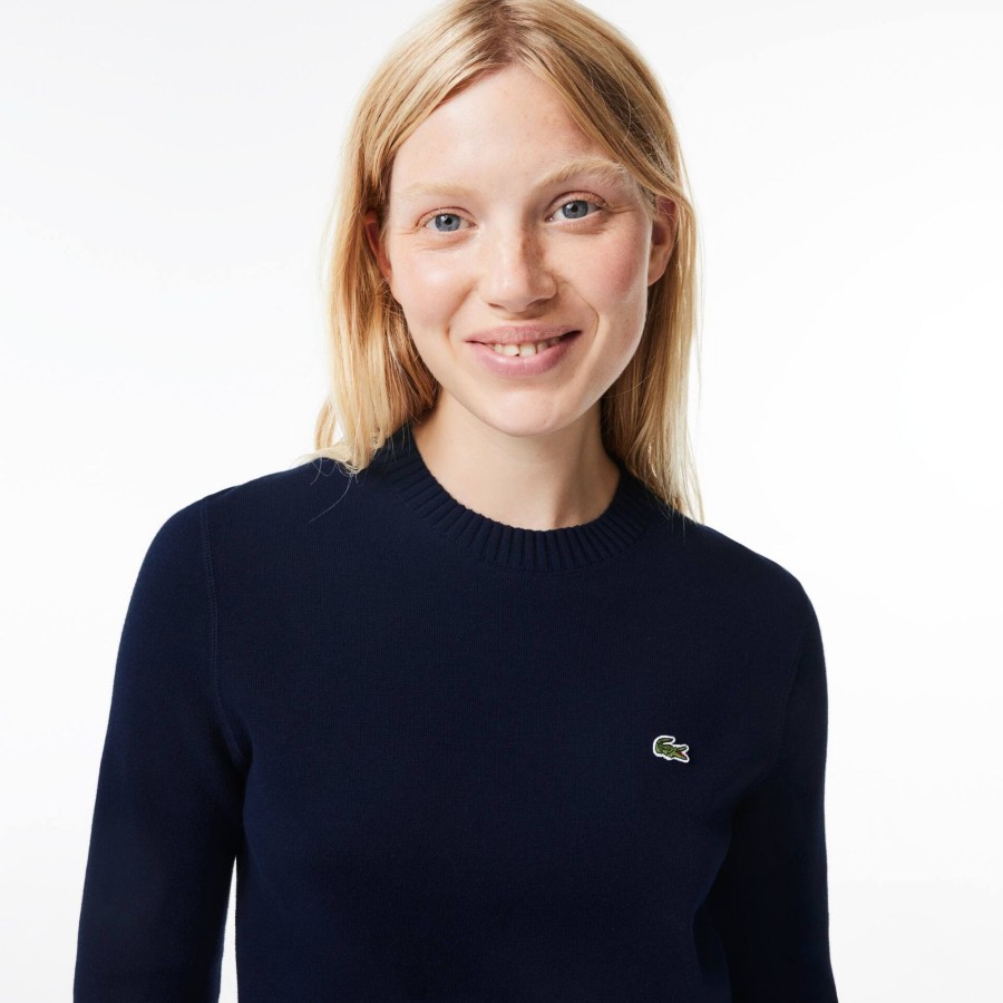 Women Lacoste Knitwear | Crew Neck Sweater In Double Sided Cotton Navy Blue 166