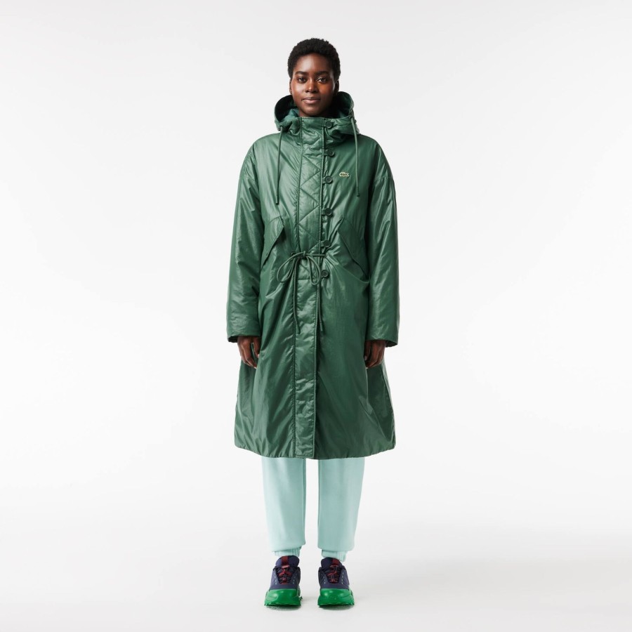 Women Lacoste Jackets & Coats | Long Oversized Showerproof Hooded Parka Dark Green Smi