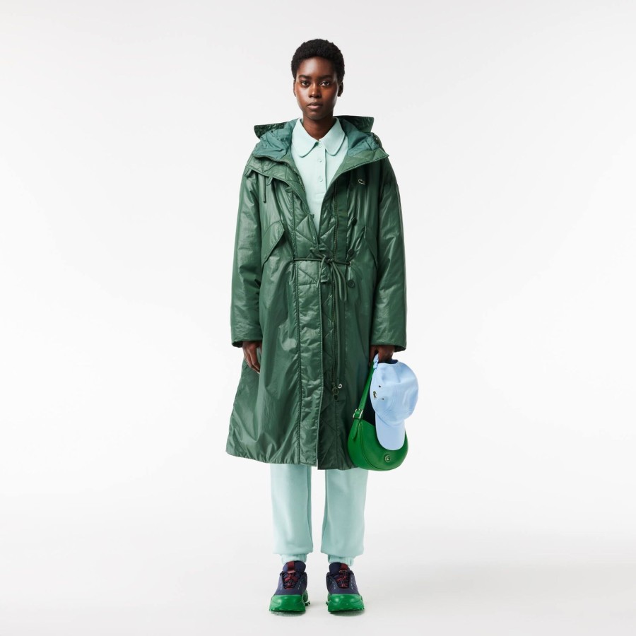 Women Lacoste Jackets & Coats | Long Oversized Showerproof Hooded Parka Dark Green Smi