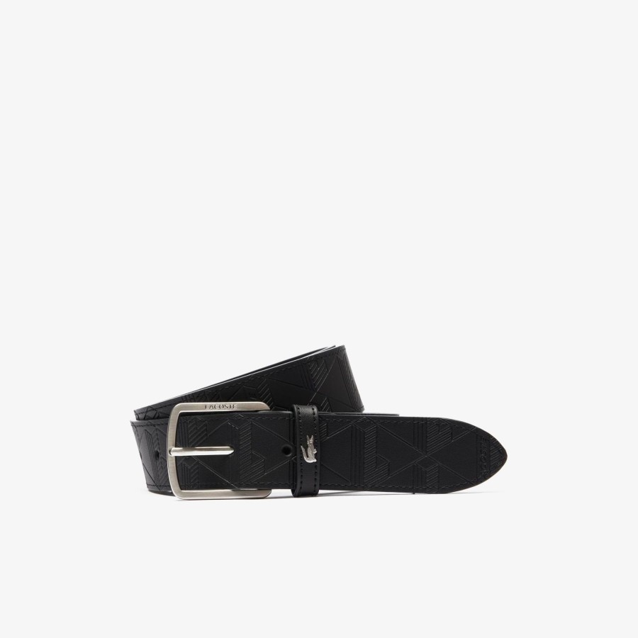 Men Lacoste Belts | Embossed Leather Monogram Belt Noir