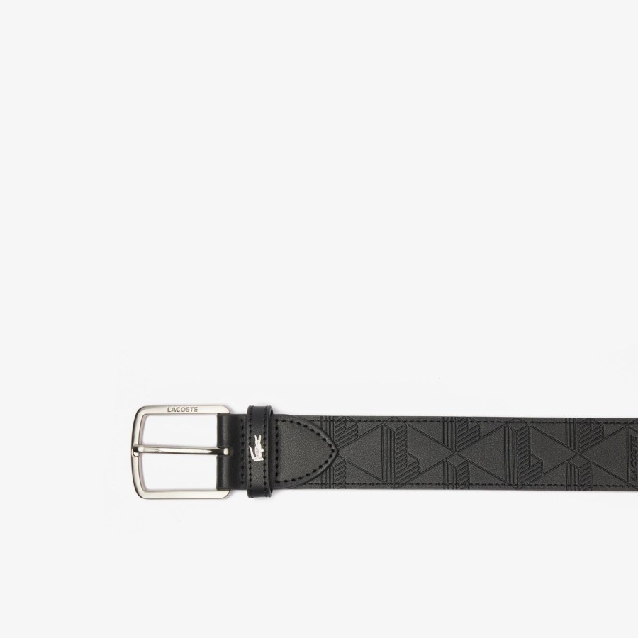 Men Lacoste Belts | Embossed Leather Monogram Belt Noir