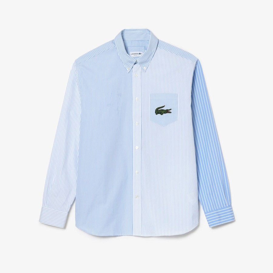 Women Lacoste Shirts & Tops | Unisex Lacoste Large Crocodile Striped Cotton Shirt White / Blue F6Z