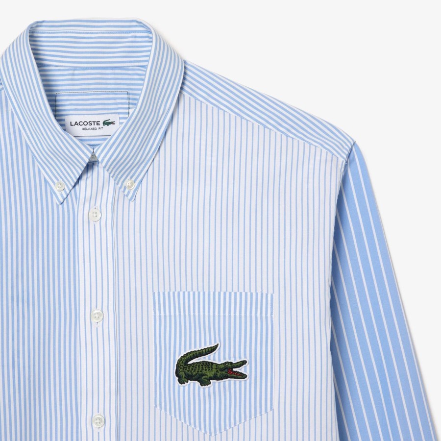 Women Lacoste Shirts & Tops | Unisex Lacoste Large Crocodile Striped Cotton Shirt White / Blue F6Z