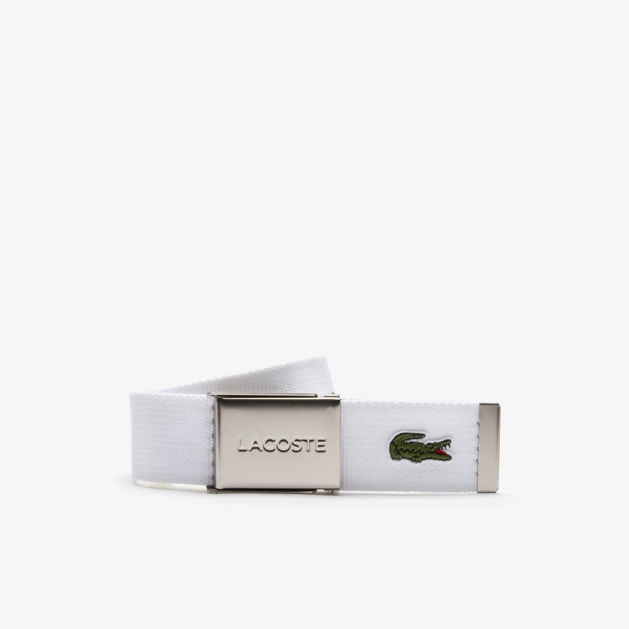 Men Lacoste Belts | Men'S Made In France Lacoste Engraved Buckle Woven Fabric Belt Bright White