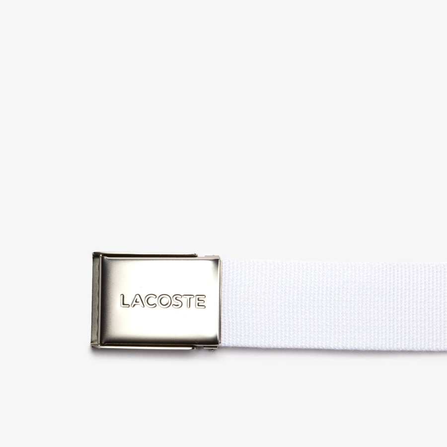 Men Lacoste Belts | Men'S Made In France Lacoste Engraved Buckle Woven Fabric Belt Bright White