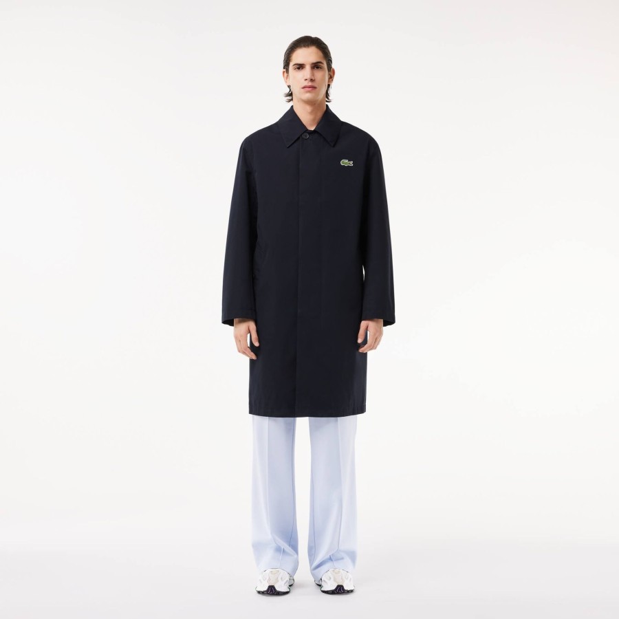 Men Lacoste Jackets & Coats | Lightweight Showerproof Cotton Twill Trench Coat Navy Blue