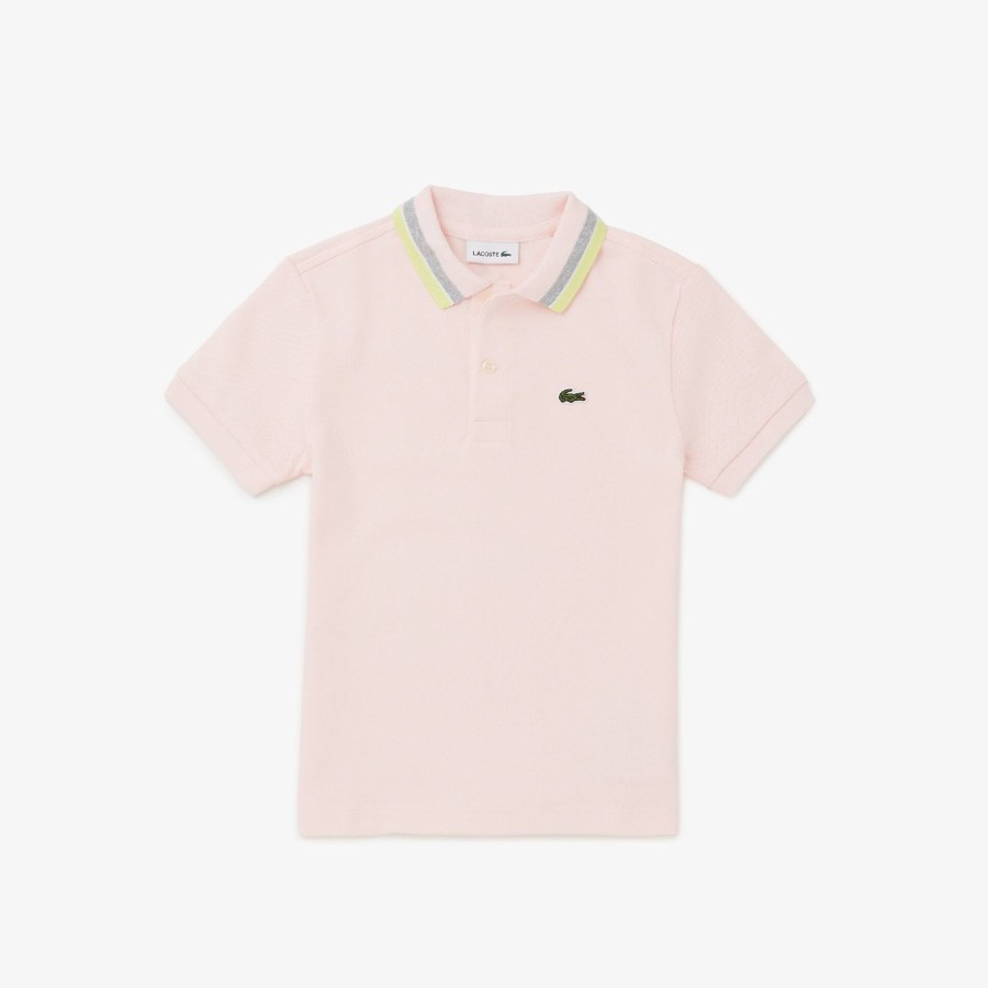 Kids Lacoste Boy Clothing | Boys' Lacoste Tricolour Collar Cotton Petit Pique Polo Light Pink / White Z36