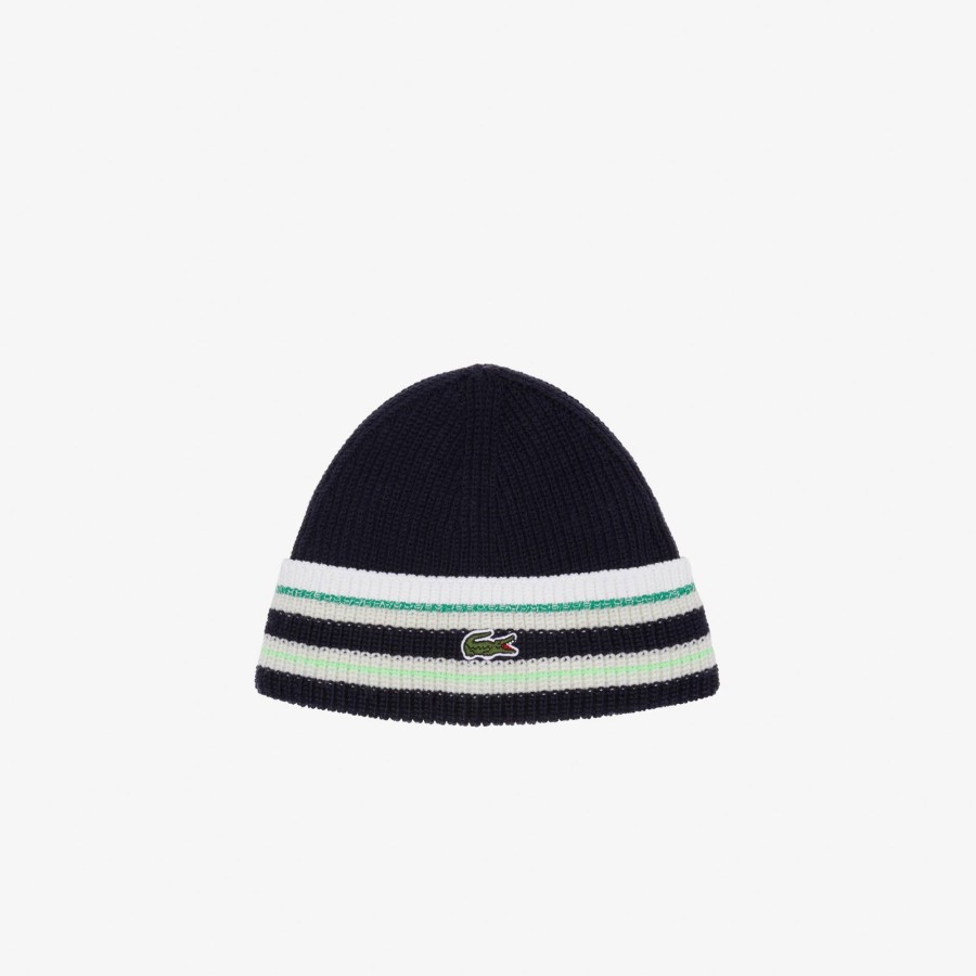 Women Lacoste Beanies | French Made Striped Wool Beanie Navy Blue / White / Green Nzi