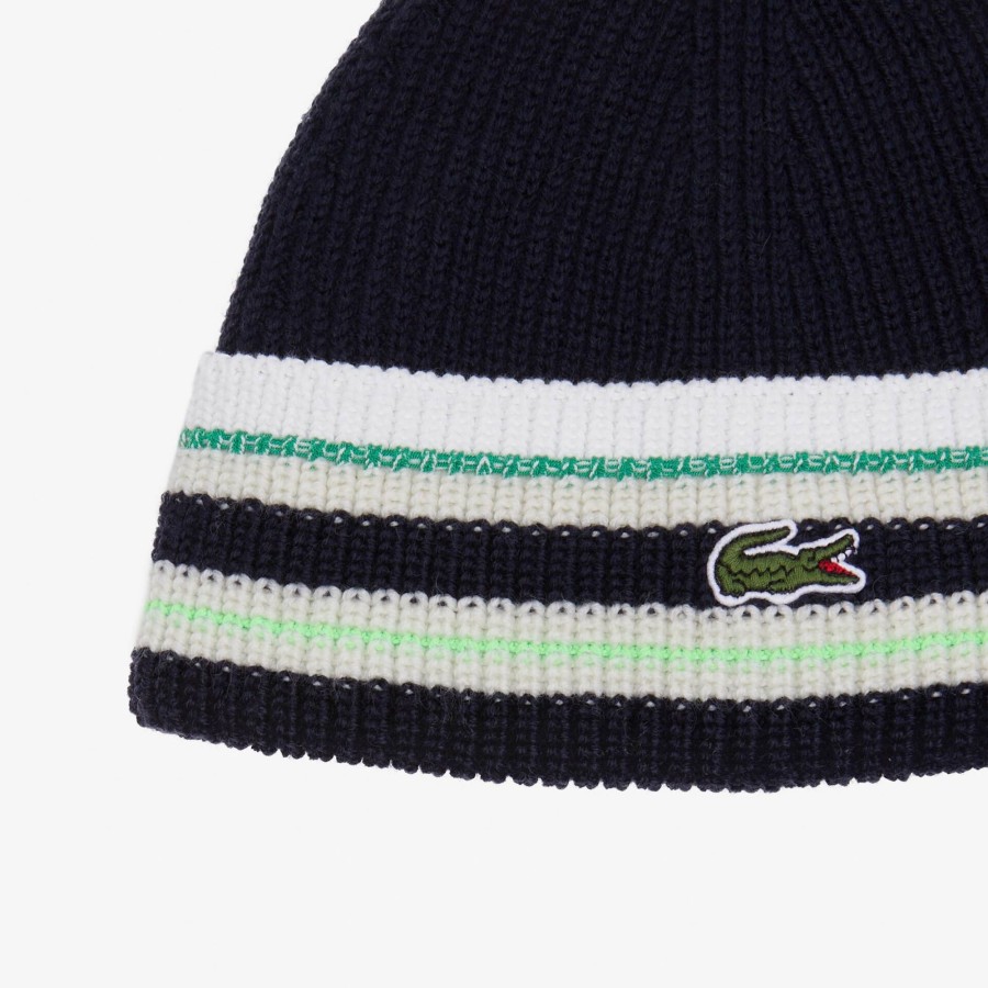 Women Lacoste Beanies | French Made Striped Wool Beanie Navy Blue / White / Green Nzi