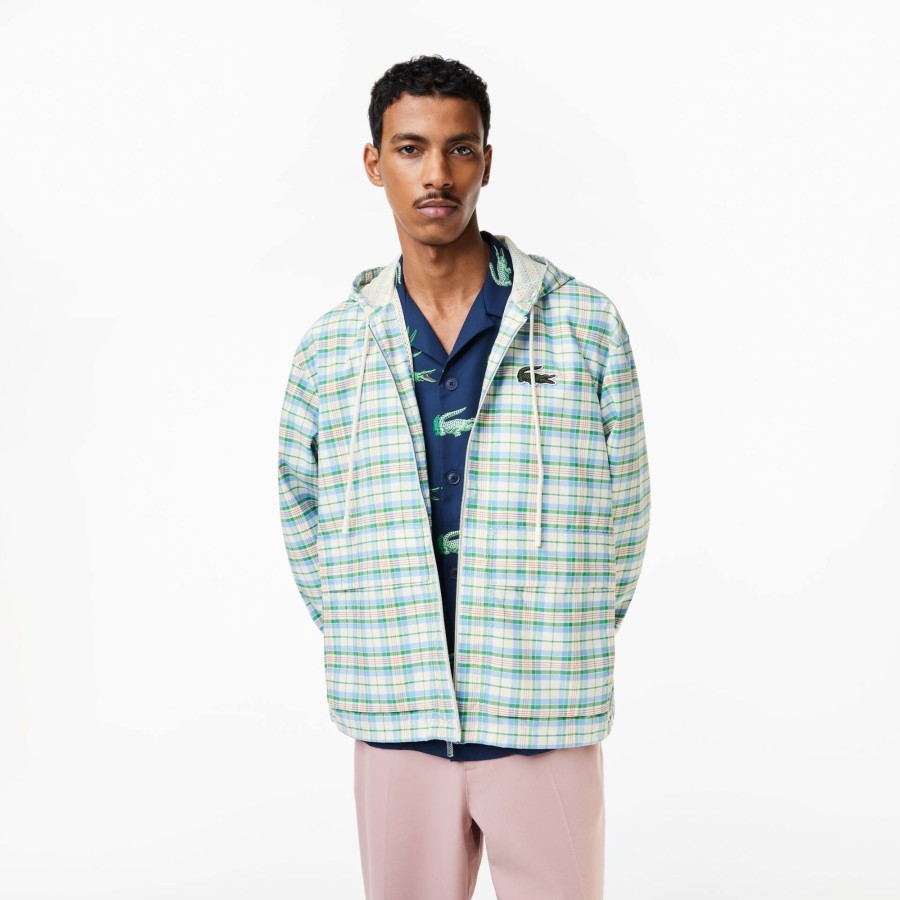 Men Lacoste Jackets & Coats | Men'S Lacoste Checked Hooded Track Jacket White