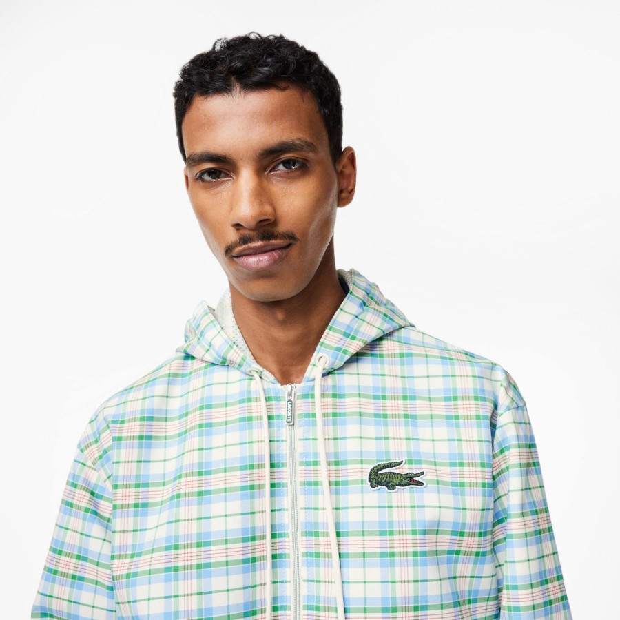 Men Lacoste Jackets & Coats | Men'S Lacoste Checked Hooded Track Jacket White