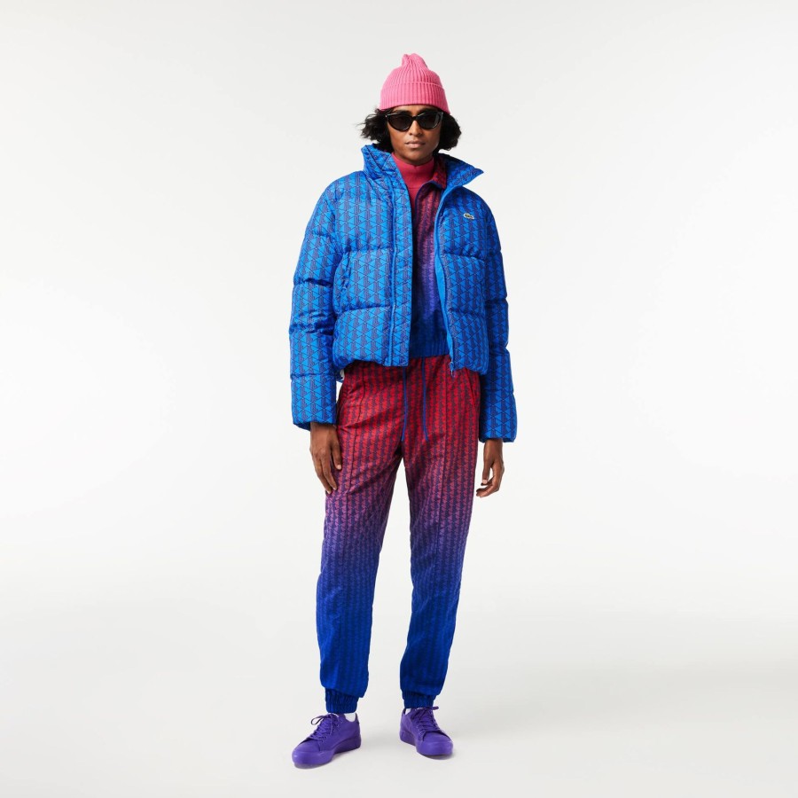 Women Lacoste Jackets & Coats | Hooded Monogram Print Puffer Jacket With Puffed Croc At Back Blue / Bordeaux Nji