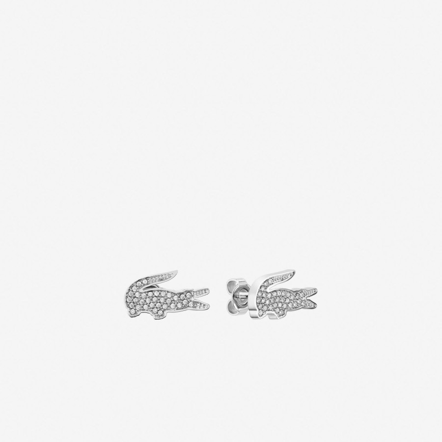 Women Lacoste Jewellery | Crocodile Earrings Silver And Crystals 042