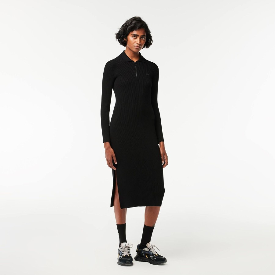 Women Lacoste Dresses & Skirts | Long, Seamless Knit Ribbed Polo Dress Black 031