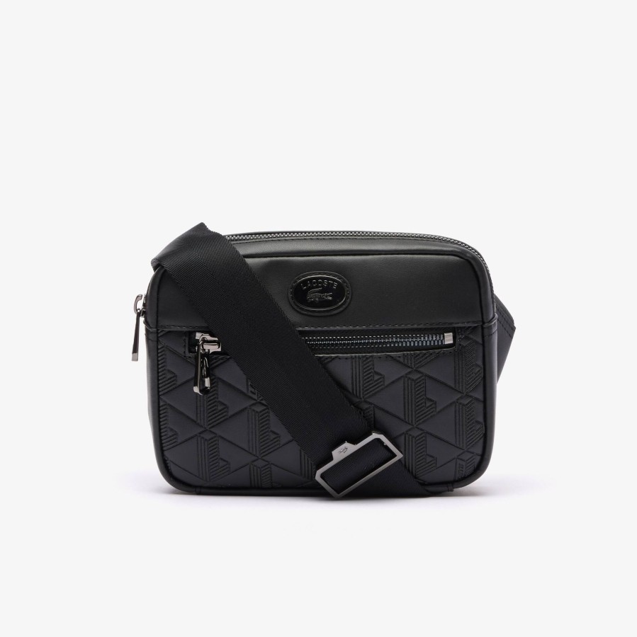 Men Lacoste Vertical Bags | Leather Monogram Print Shoulder Bag Noir