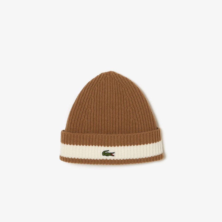 Women Lacoste Beanies | Unisex Lacoste Ribbed Wool Beanie Brown / White Qgi