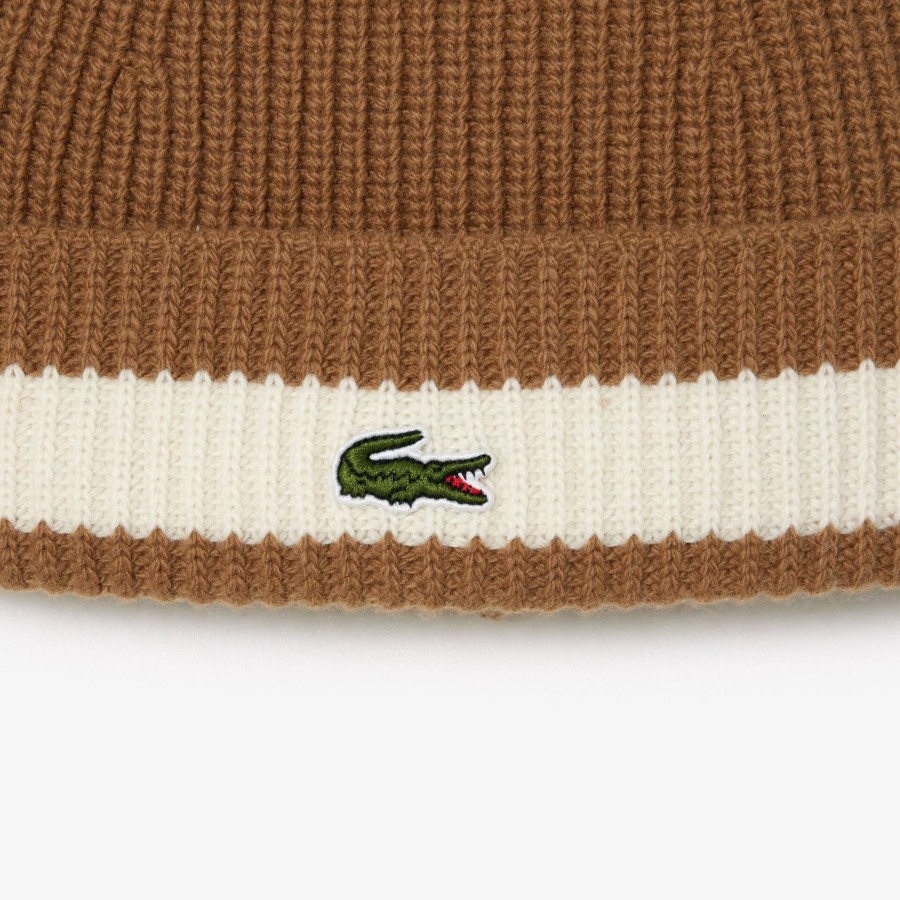 Women Lacoste Beanies | Unisex Lacoste Ribbed Wool Beanie Brown / White Qgi