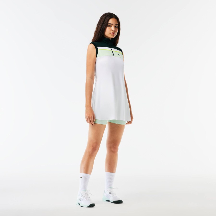 Women Lacoste Tennis | Recycled Fiber Tennis Dress With Integrated Shorts White / Green Liy