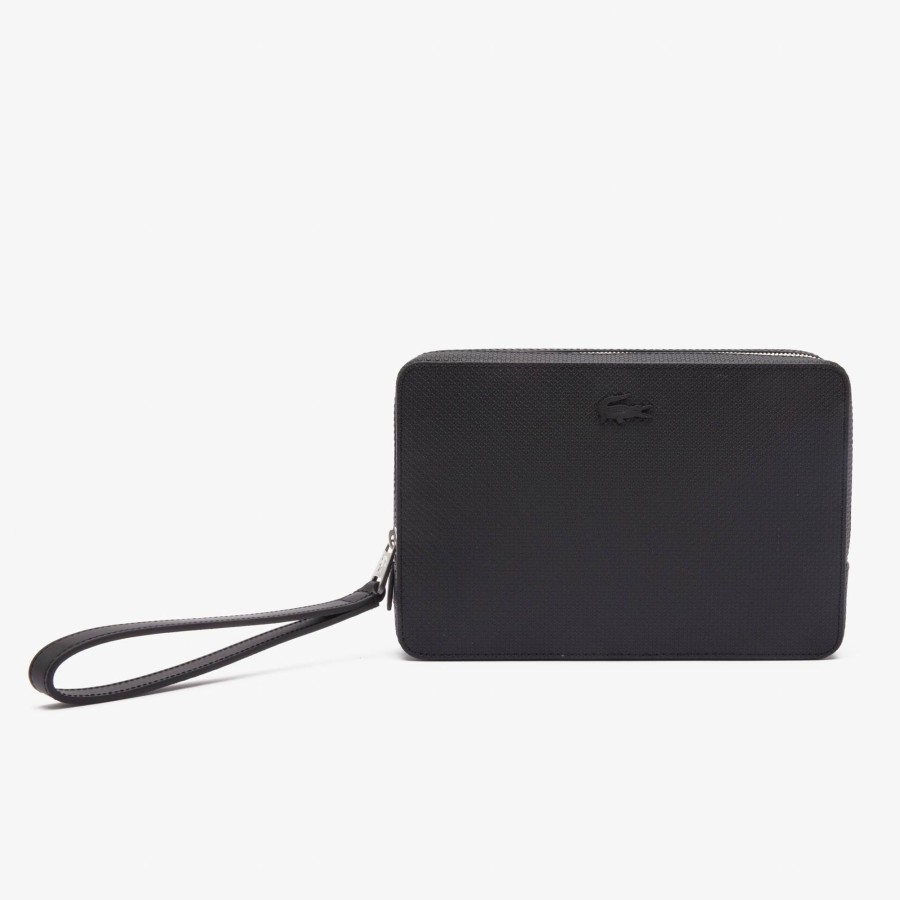 Men Lacoste Wallets & Small Leather Goods | Men'S Chantaco Pique Leather Zip Pouch Noir