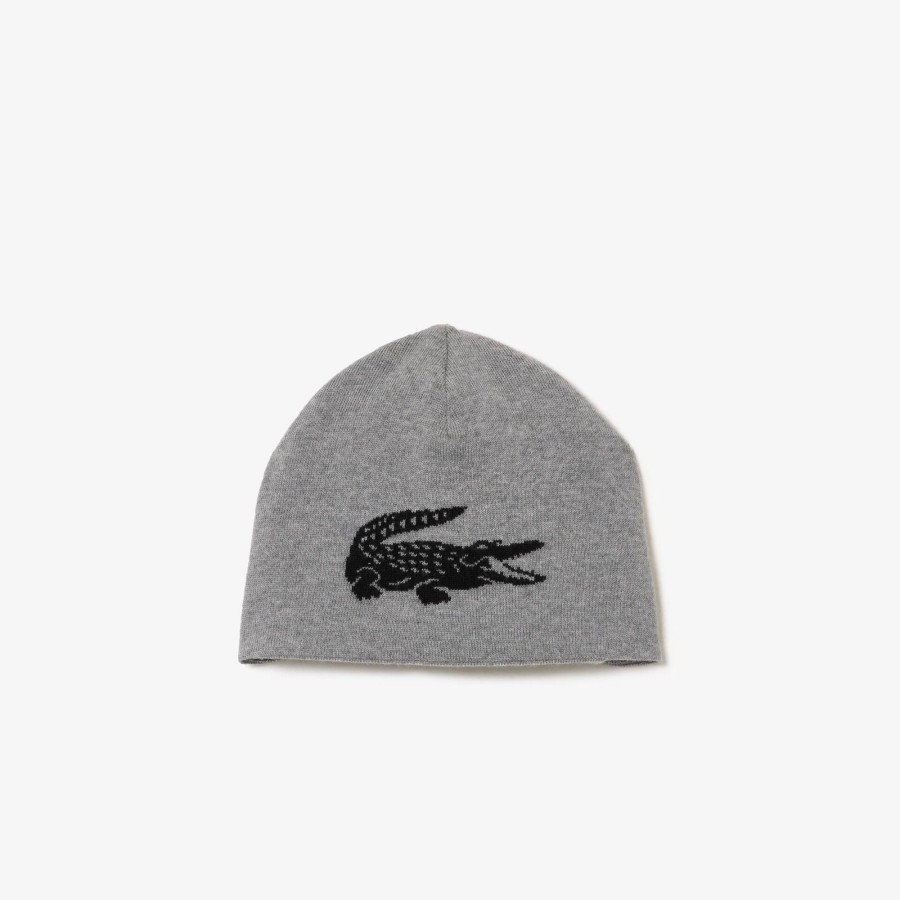 Women Lacoste Beanies | Unisex Lacoste Contrast Crocodile Reversible Beanie Grey Chine / Black X8I