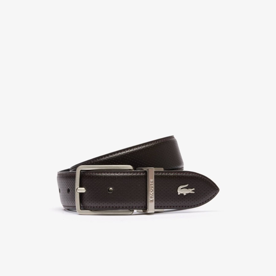 Men Lacoste Belts | Men'S Lacoste Engraved Buckle Reversible Pique Leather Belt Marron Noir