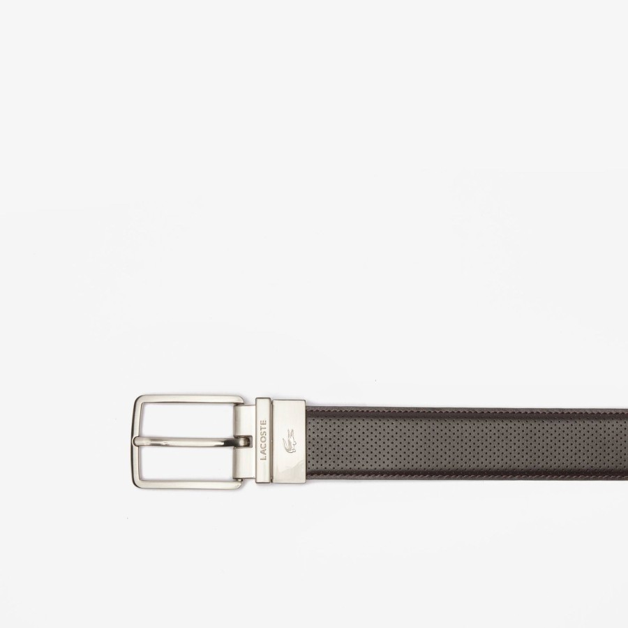 Men Lacoste Belts | Men'S Lacoste Engraved Buckle Reversible Pique Leather Belt Marron Noir