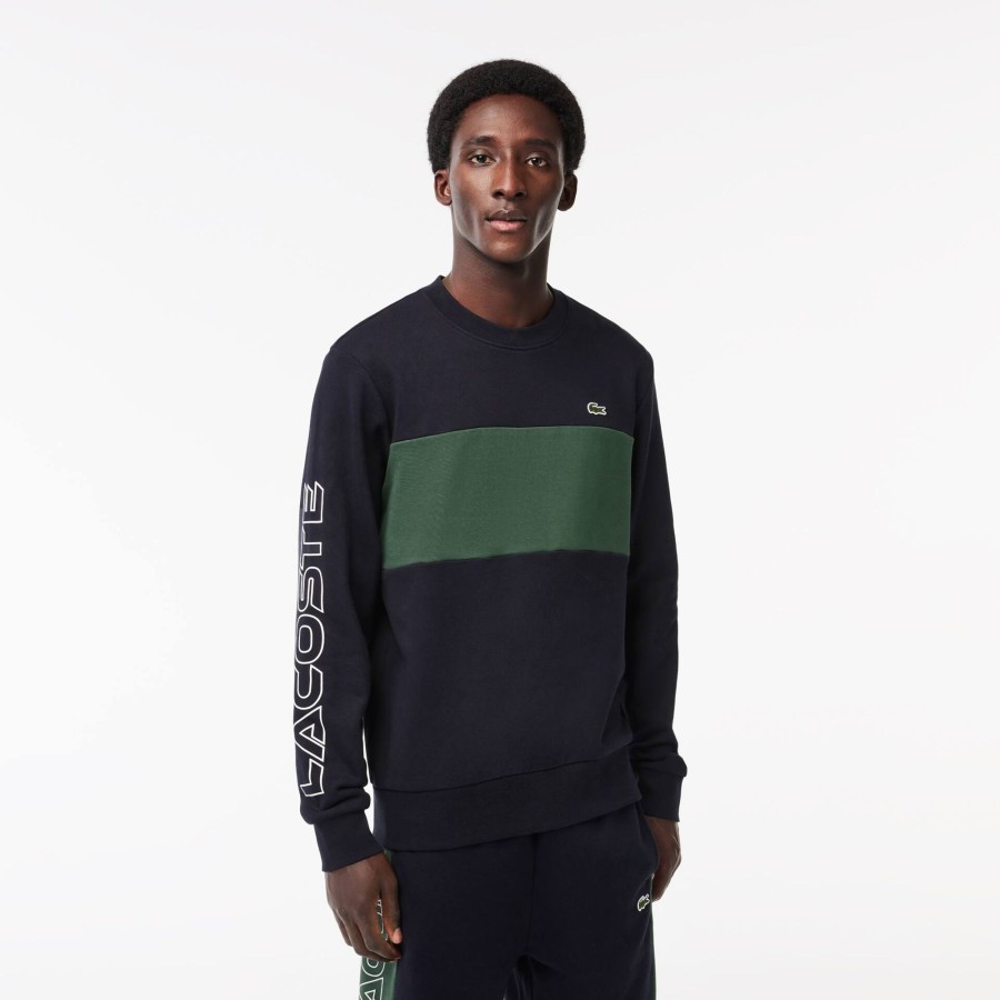 Men Lacoste Sweatshirts | Classic Fit 3D Print Colourblock Jogger Sweatshirt Navy Blue / Dark Green