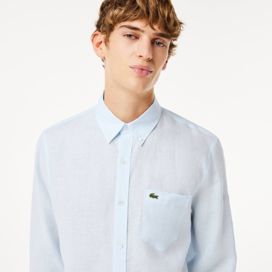 Men Lacoste Shirts | Men'S Lacoste Linen Shirt Light Blue