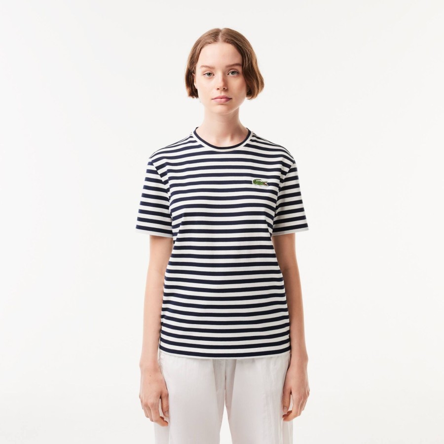 Women Lacoste T-Shirts | Women'S Lacoste Loose Fit Striped Cotton Jersey T-Shirt Navy Blue / White Hhw